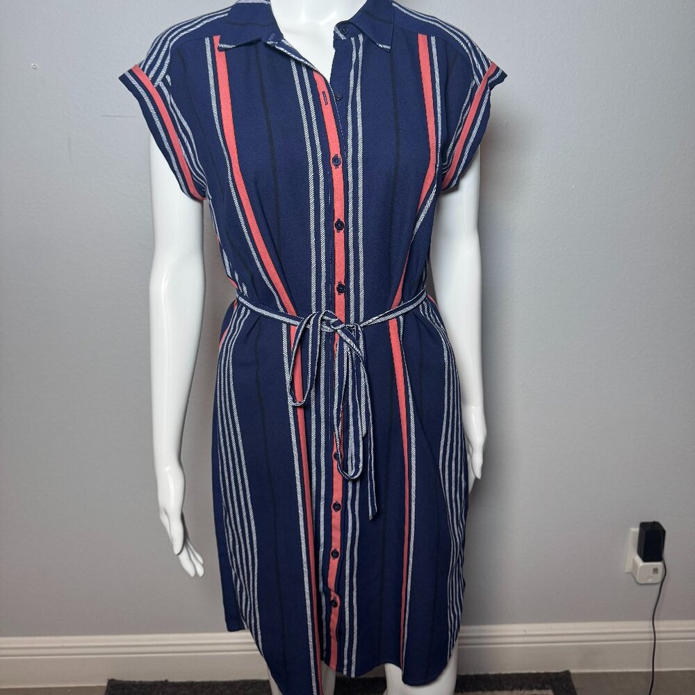 Stripped Navy Blue, Pink and White Midi Dress
